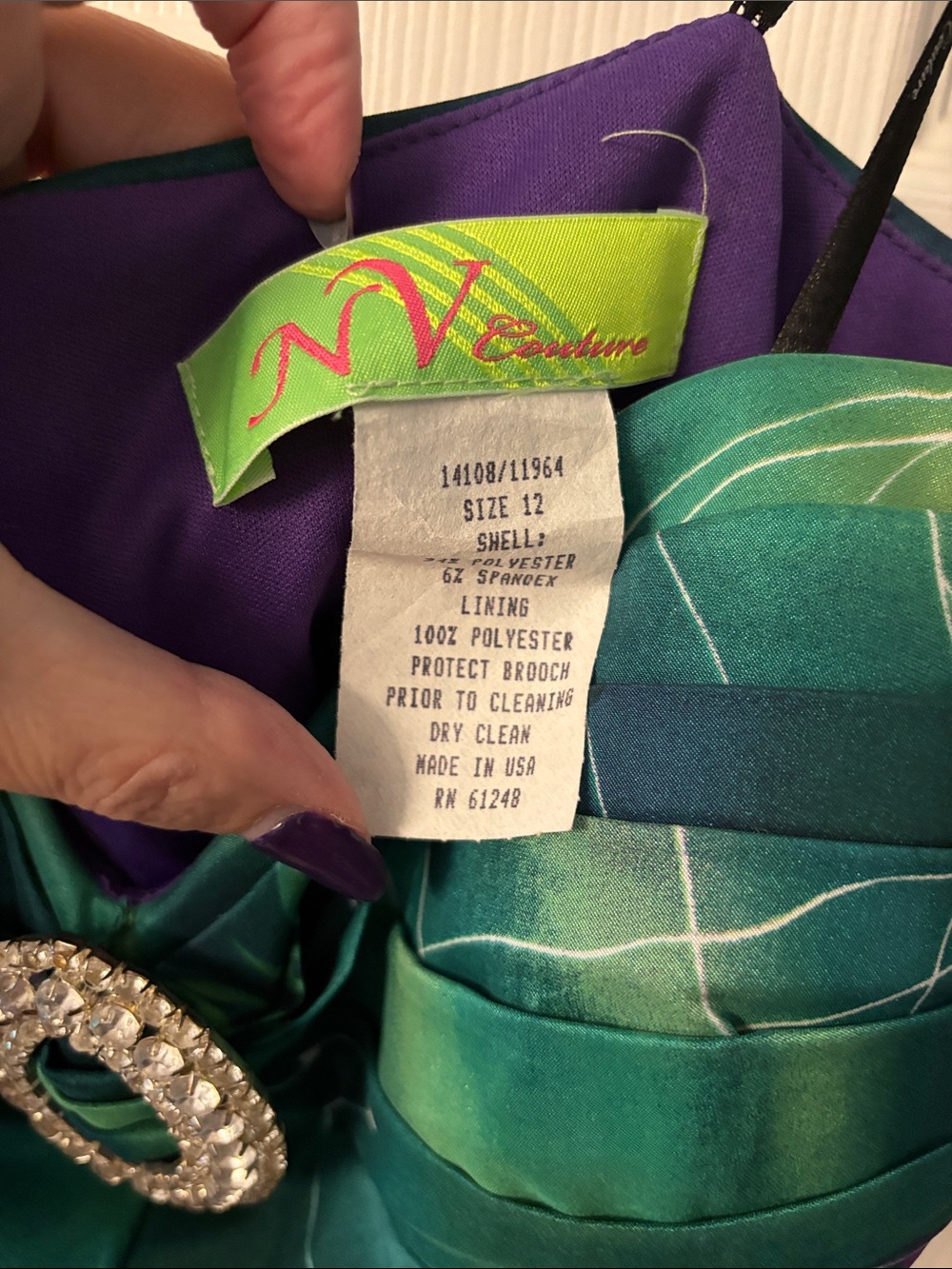 Strapless Floral Satin Evening Dress in Purple & Teal with Embellished Accent - Picture 6 of 6